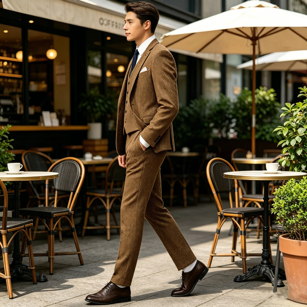 3-Piece Suit Men Herringbone Tweed Slim Fit Blazer Vest Pants Set for Wedding Business Formal
