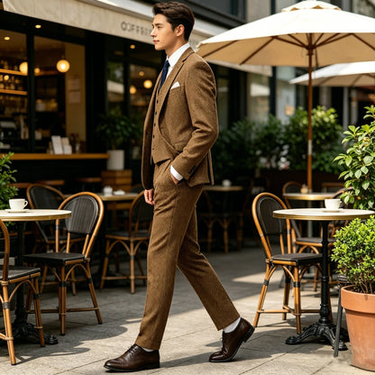 3-Piece Suit Men Herringbone Tweed Slim Fit Blazer Vest Pants Set for Wedding Business Formal