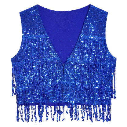 Fashion Sequins Vests Women's Tassel Sleeveless Waistcoat Jazz Dance Costume Shiny Vest 80s Disco Music Festival Party Clubwear