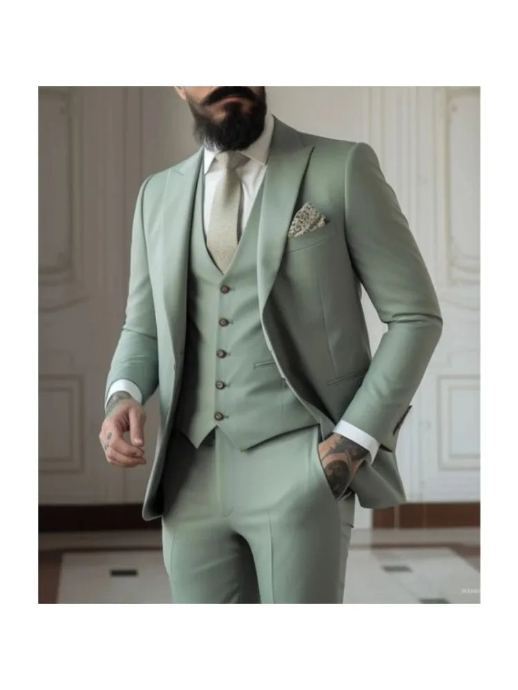 Green Men's Slim Fit 3 Piece Suits (Jacket+Vest+Pant) Wedding Groom Tuxedos Prom Formal Male Party Blazers
