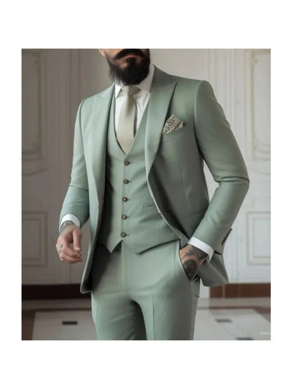Green Men's Slim Fit 3 Piece Suits (Jacket+Vest+Pant) Wedding Groom Tuxedos Prom Formal Male Party Blazers