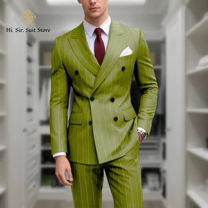 Men's 2-Piece Slim Fit Double-Breasted Striped Suit Set for Men – Wedding, Business & Formal Occasions