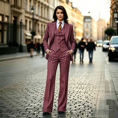 Chic Women Striped Suit 3 Piece Fashion Peak Lapel One Button Outfit Formal Office Work Casual Suits (Blazer+Vest+Pants)