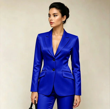 Professional Women’s Black Satin Suit Two Piece (Jacket+Pants) Set for Elegant Formal Party Office Streetwear Fashion Outfit