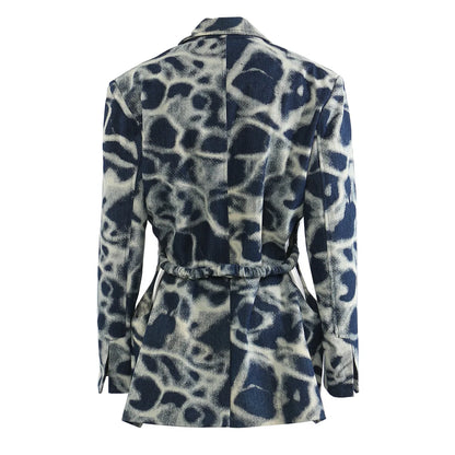 2026 Spring Autumn New Women's Blazer Tie-dye Single Button Pockets Waist Cinching Elegant Coats Retro Denim Jacket HK18495
