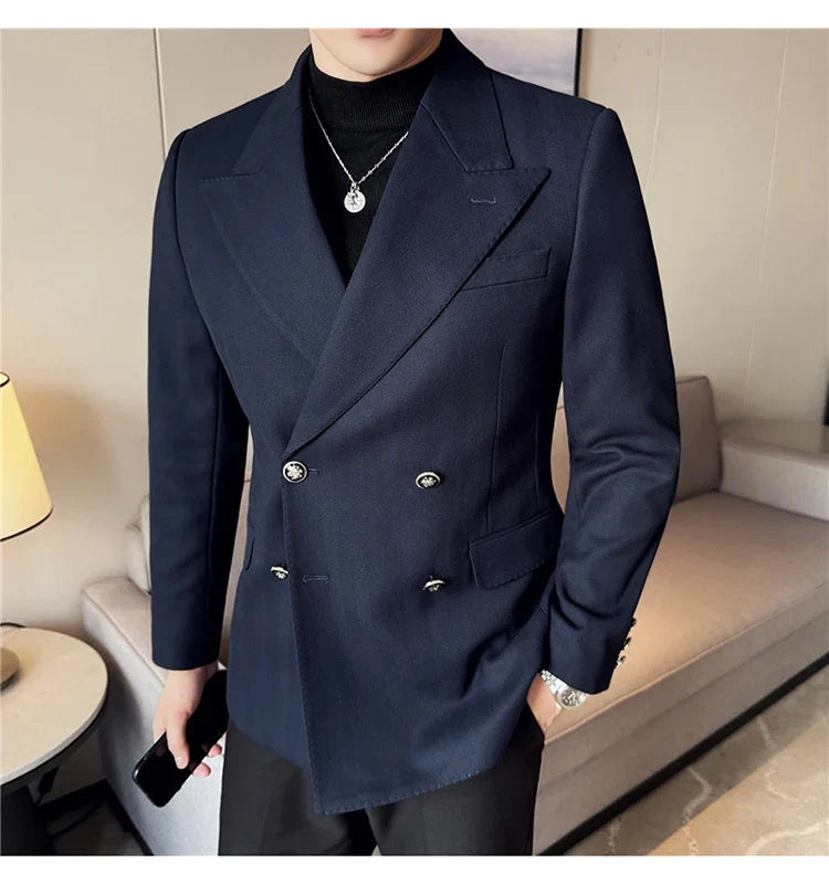 Autumn Winter Thickened Woolen Suit Jacket Men Double-breasted Casual Business Blazers Slim Fit Wedding Social Dress Coat M-4XL