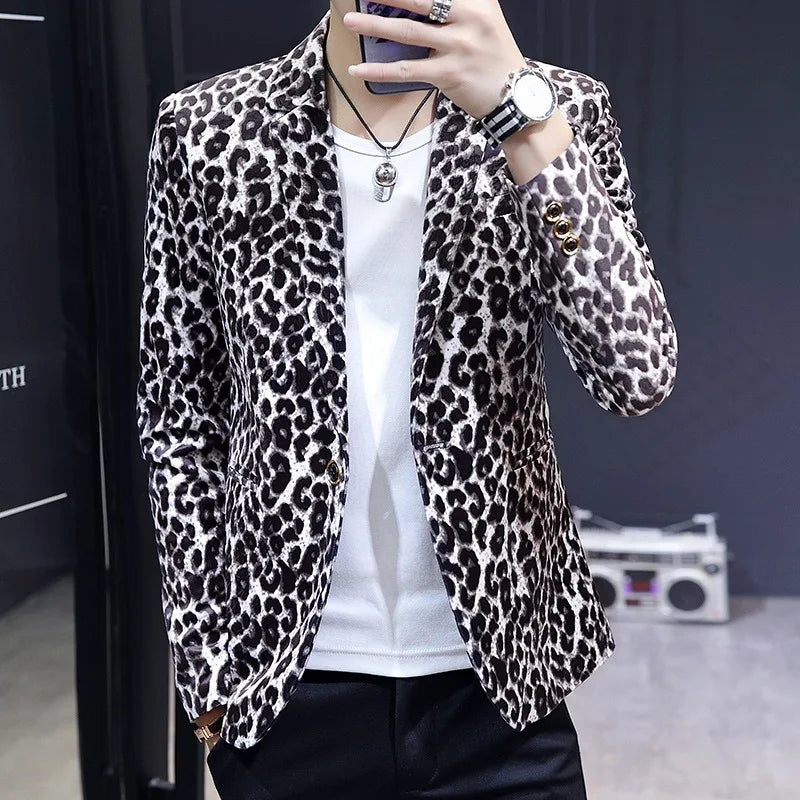KIDWHXR Suit Coat Man Vintage Fashion Leopard Print Long Sleeve Male Blazer Slim Single-breasted Casual Versatile Man Outerwear