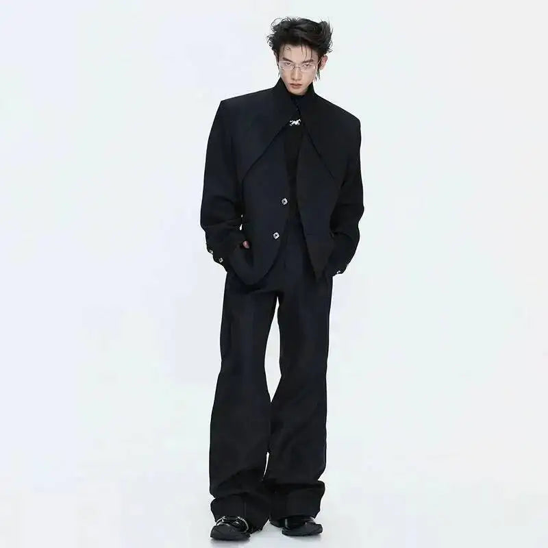 2026 Spring Patchwork Design Cross Collar Solid Color Casual Jacket Men Fashion Elegant Temperament Straight Pants JY6553