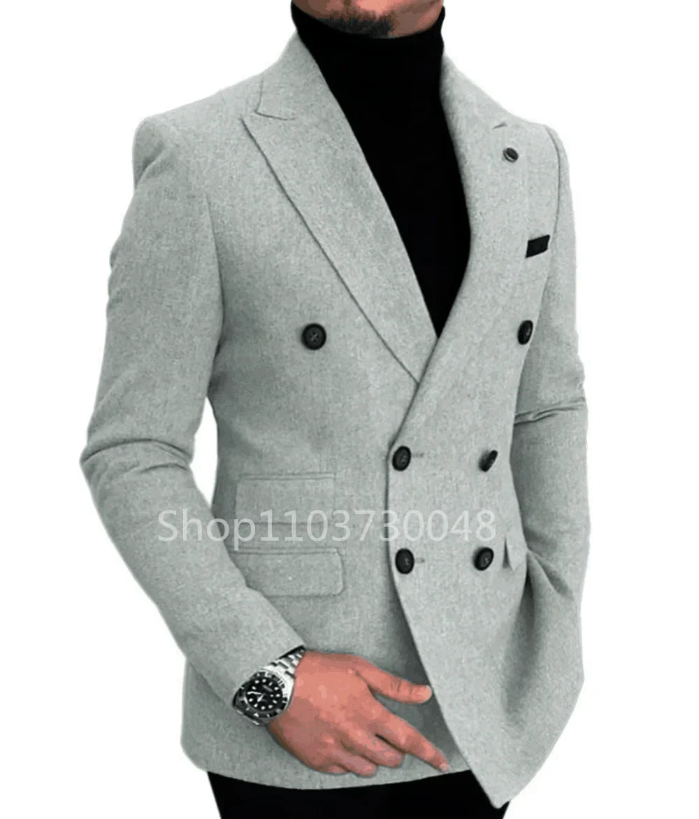 Men's Woolen Blazer Jacket Peak Lapel Double Breated Suit Coat Slim Fit Male Casual Business Wool Men's Jacket For Autumn Winter