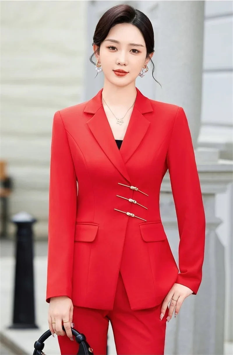 2025 Fashion White Red Black Blazer Jacket And Pant Suit Trousers Women Female Office Ladies Work Wear Formal 2 Piece Set