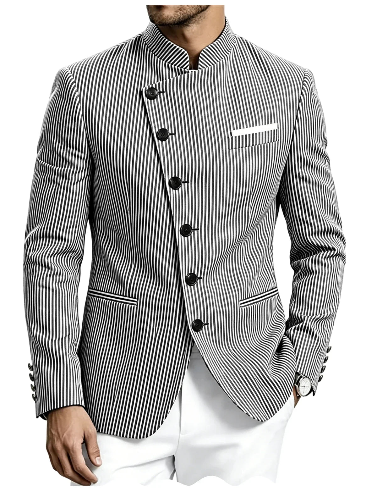 Men Mandarin Collar Suit Jacket Stand Collar Asymmetrical Single Breasted Men Blazer Slim Fit Business Formal Coat For Business