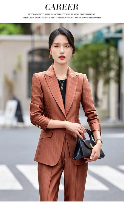 Professional Women's Suit2024New Autumn Green Striped Acetate Suit Workwear Elegant High-end Workplace Formal Wear