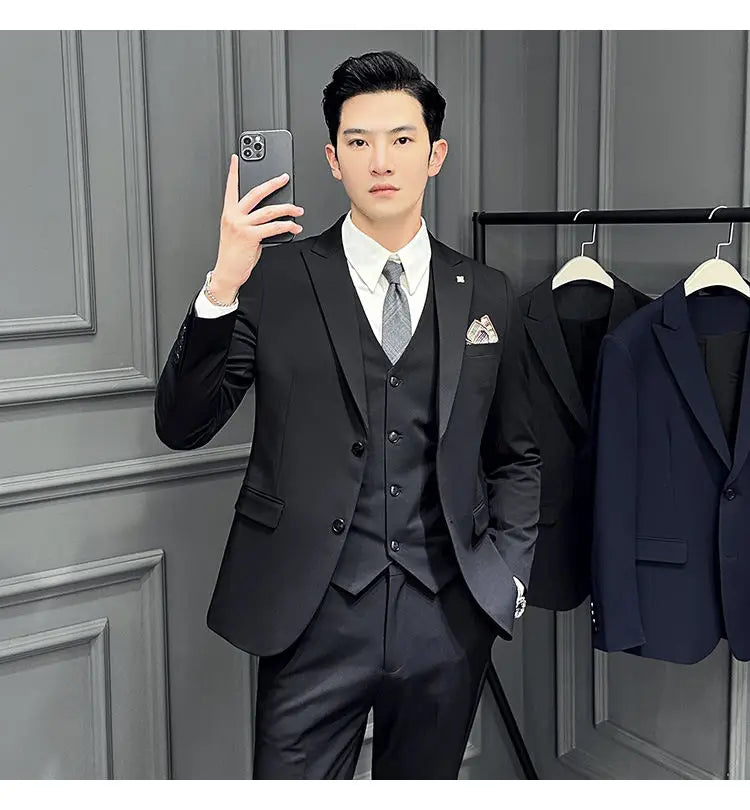 Men's 3 Piece Suit Set Double‑Button Slim Fit Solid Color Business Casual Wedding Party Jacket Vest Pants Formal Outfit for Men