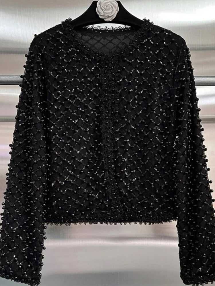 High Street Embroidered Flares Patchwork Mesh Jacket Long-sleeved O-Neck Slim-fit Pearl Jackets 2026 Women Coat 2026 New