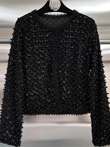 High Street Embroidered Flares Patchwork Mesh Jacket Long-sleeved O-Neck Slim-fit Pearl Jackets 2026 Women Coat 2026 New