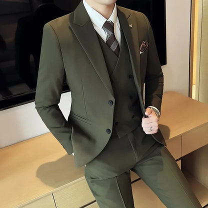 Men's Double Breasted Trench Coat Suit Casual Simple Blazer Vest Pants High Quality Recent Design Matching Set