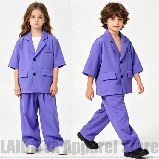 Summer Kids Short Sleeve Suit Loose Boys Girls Street Style Daily Wear Chic Holiday Casual Party Photoshoot Costume 2 Piece