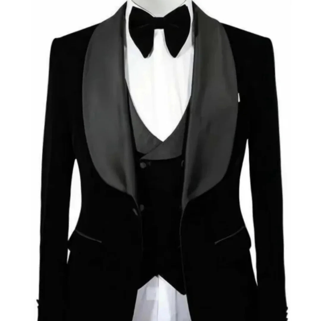 Men's Black Velvet Evening Gown Three Piece Set Shawl Lapel Jacket Vest Trousers Groom's Wedding Ball Dress Suit