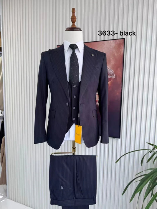 Men's Formal Business Suit Set 3 Pieces Jacket Vest Pants Man Elegant Striped Suits For Office Classic Long Sleeved Tuxedo