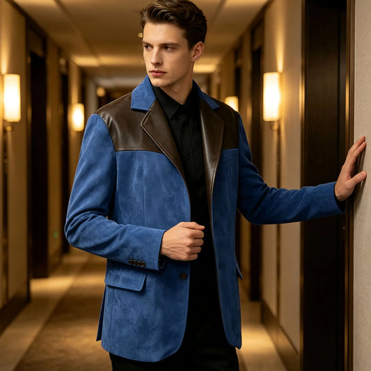 Men's Suede Blazer Single Breasted Slim Fit Classic Suit