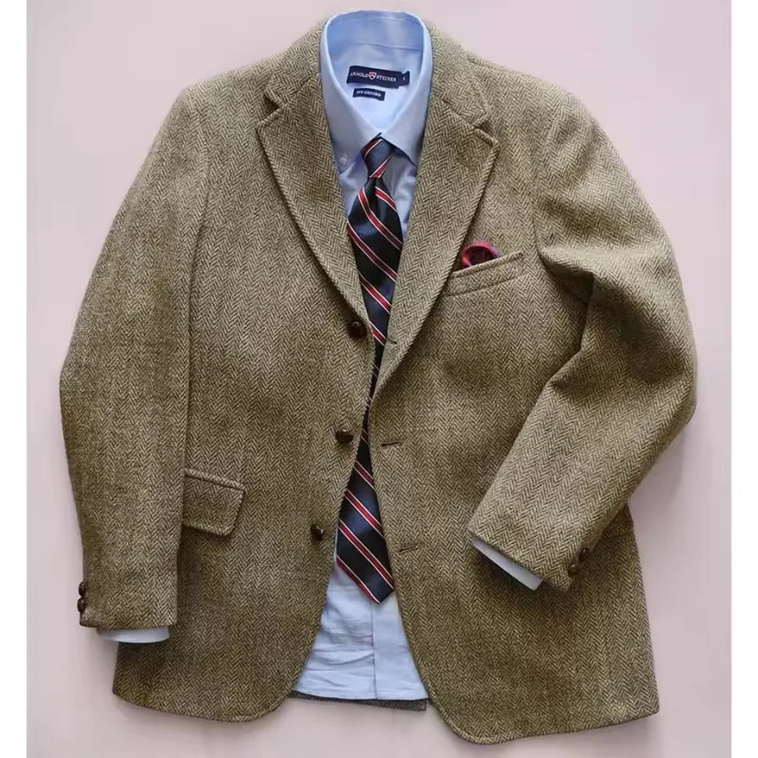 Men's Brown Herringbone Tweed Blazer XS-6XL Single Breasted Notch Lapel Formal Business Wedding Prom Jacket Wool Tuxedo Coat