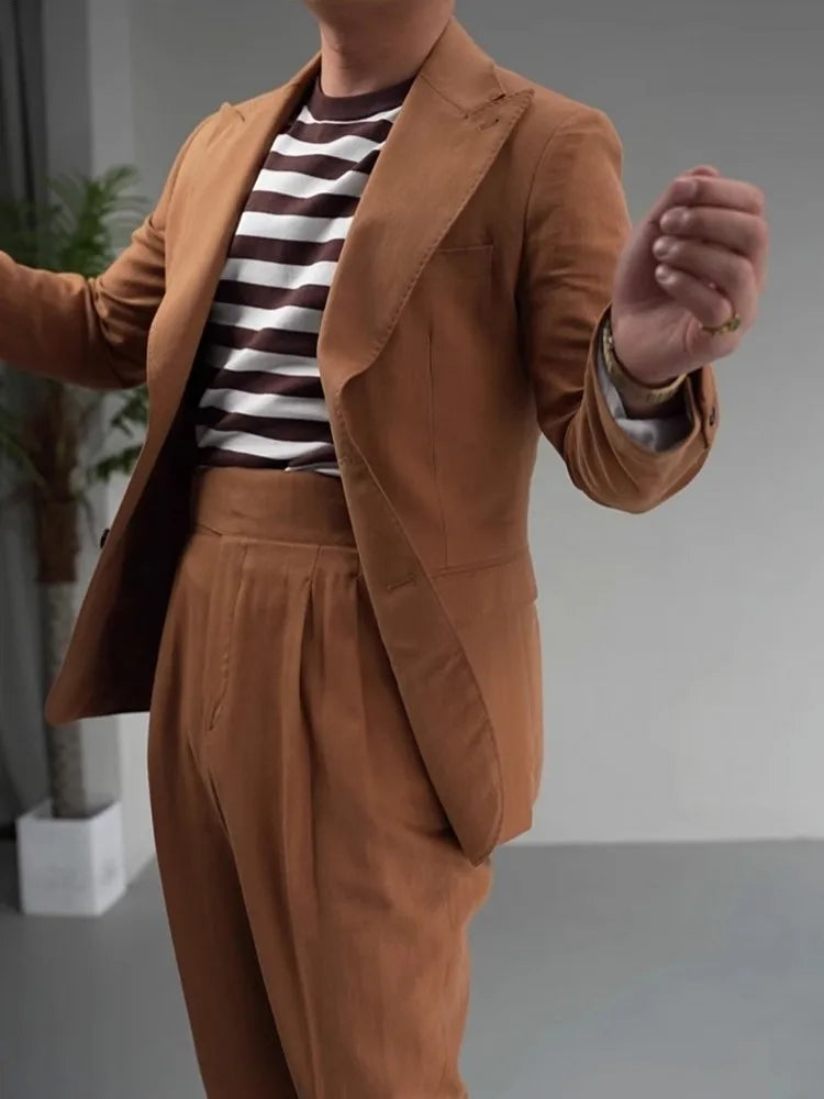 Vintage Business Men Work Suit Set High Quality Cotton Linen Blazer Jacket Pants Two Piece Set Slim Fit Groom Wedding Dress Suit