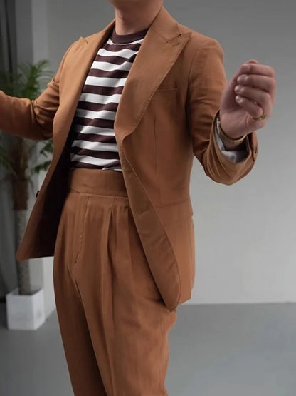 Vintage Business Men Work Suit Set High Quality Cotton Linen Blazer Jacket Pants Two Piece Set Slim Fit Groom Wedding Dress Suit