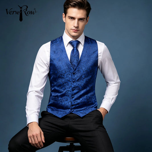 Men's Waistcoat Set Double Breasted Paisley Print Royal Blue Wedding Formal 3-Piece
