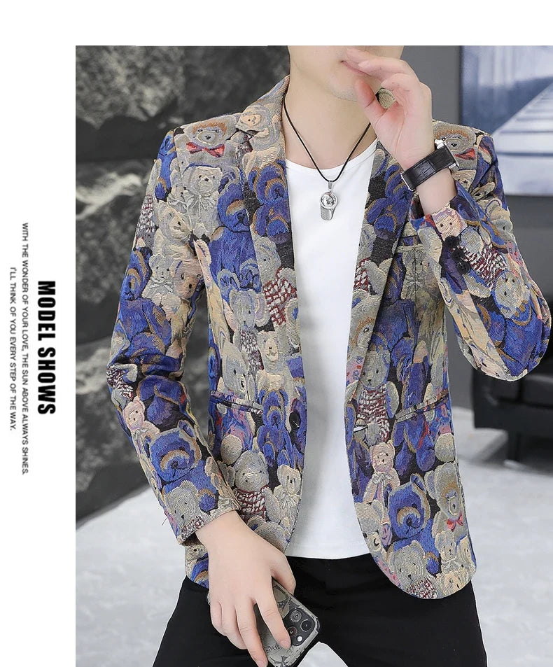 Blazer Fashion Print Trend All-in-one Wedding Outdoor Casual Gentleman Party Comfort Korean Business Men Slim Blazer