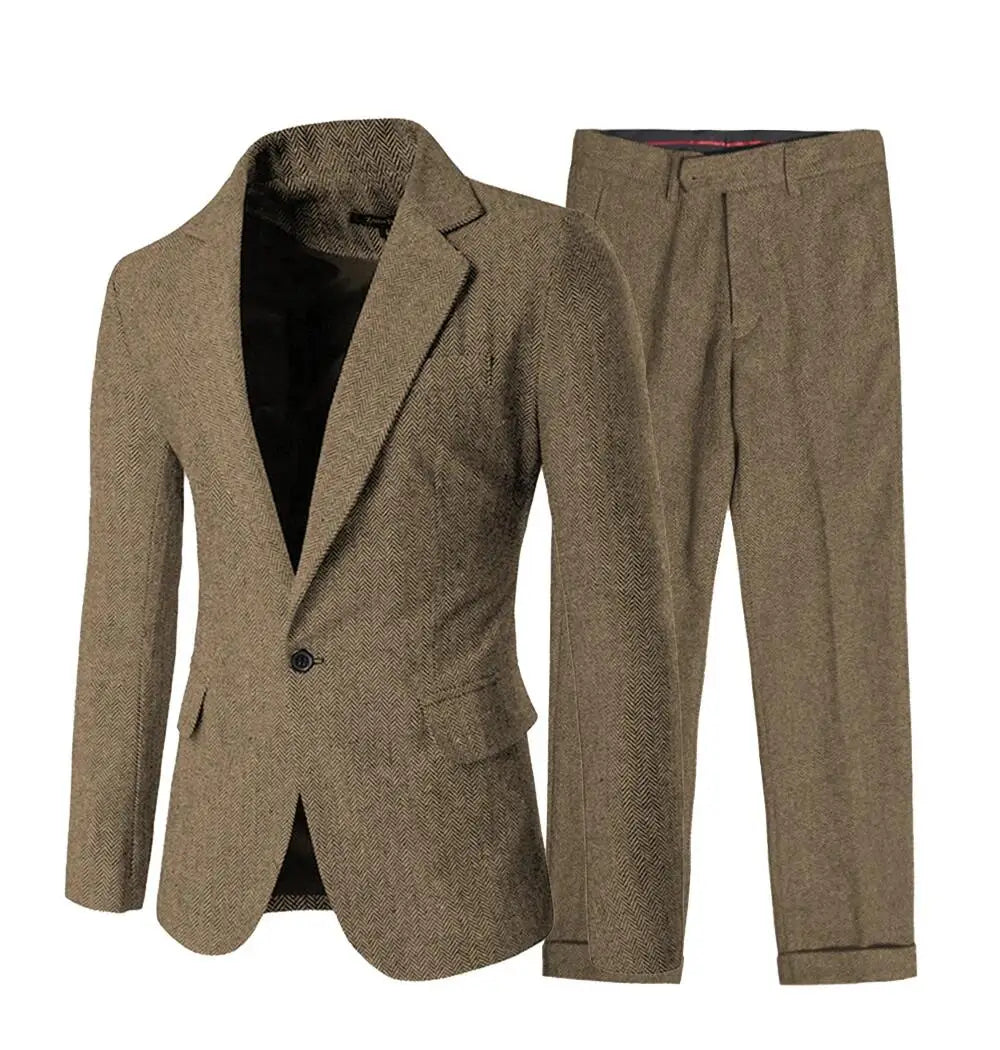 2 Piece Gray/Brown Herringbone Winter Suit for Men Wool Tweed Slim Fit Formal Groom Wedding Tuxedo Sets Office Business Suits