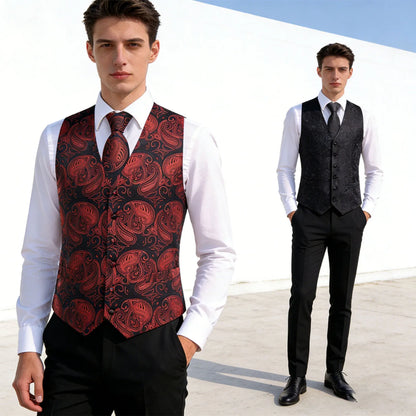 Men's Vest Tie Hanky Cufflinks Set – Wine Black Paisley Jacquard for Weddings & Formal Events