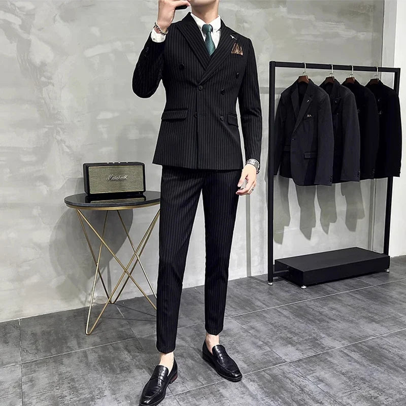 Men's Double-Breasted 2-Piece Suit – Classic Striped, Wedding & Business