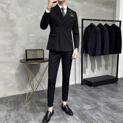 Men's Double-Breasted 2-Piece Suit – Classic Striped, Wedding & Business