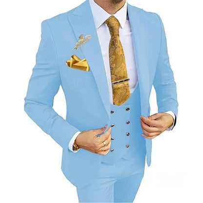 3 Piece Slim Fit Men's Suits Double Breasted Gold Button Blazer Vest Pants Set Wedding Formal Wear for Groomsmen