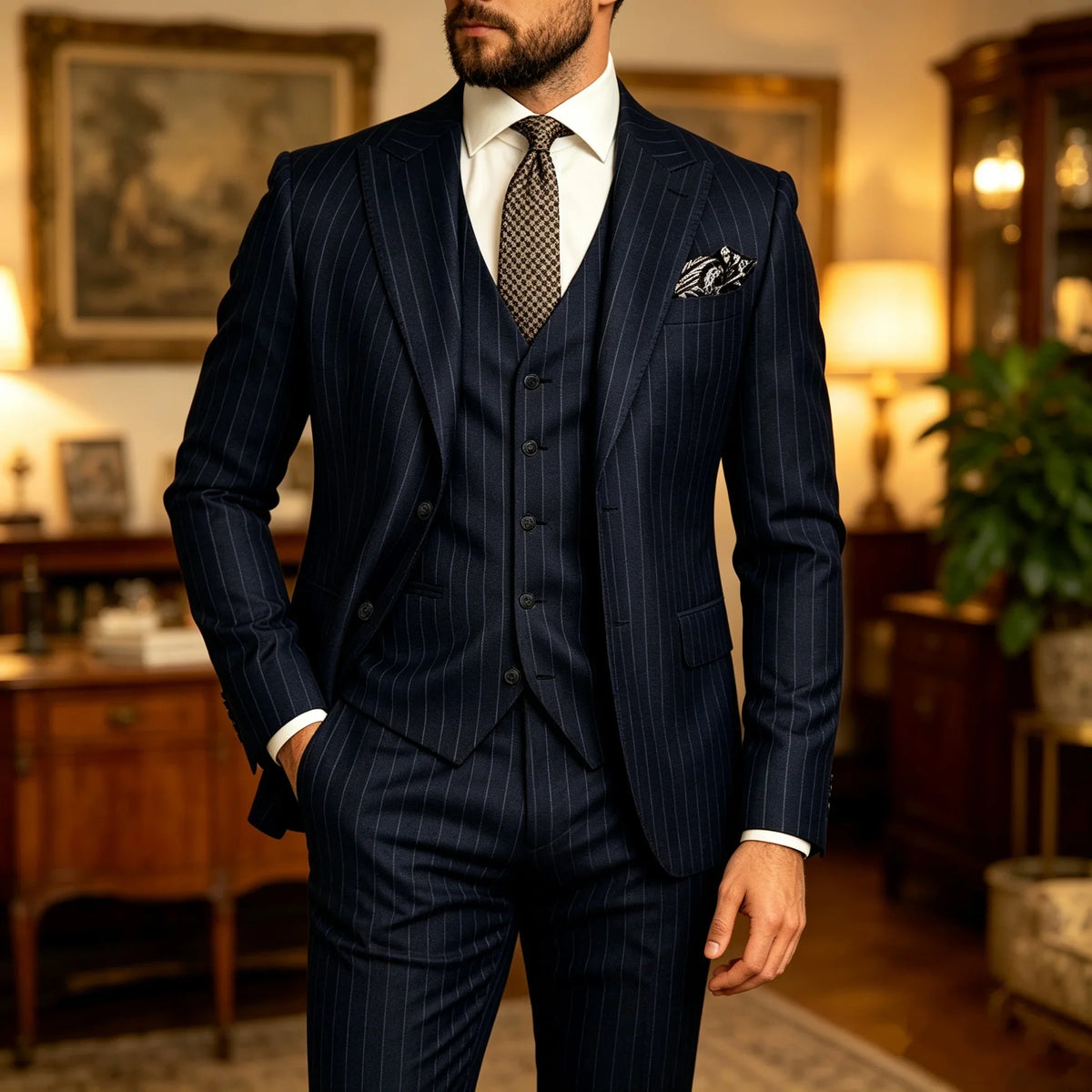 Men's Striped 3-Piece Suit – Slim Fit Blazer, Vest & Pants for Formal & Wedding Wear