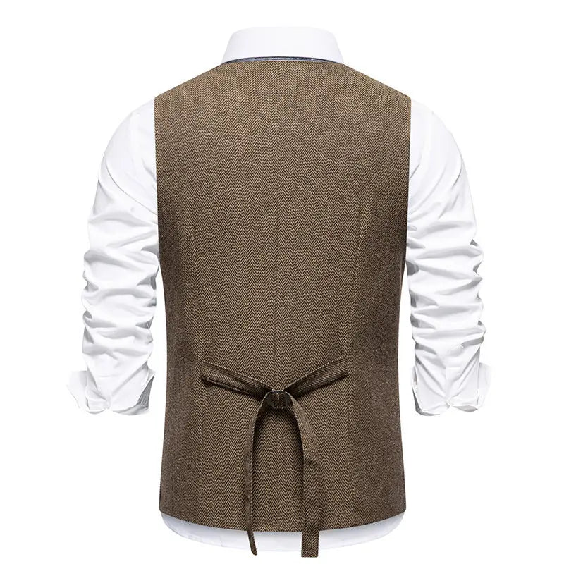 Men's Triple-Breasted Herringbone Tweed Vest – Retro Fake Two-Piece Waistcoat for Weddings & Smart-Casual Occasions