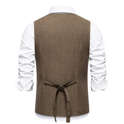 Men's Triple-Breasted Herringbone Tweed Vest – Retro Fake Two-Piece Waistcoat for Weddings & Smart-Casual Occasions