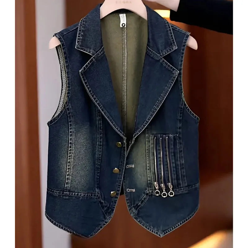 Korean Ladies Large Size 4XL Cowboy Waistcoat Tops Female Leisure Short Vest Coat Autumn Women Nostalgic Sleeveless Jacket