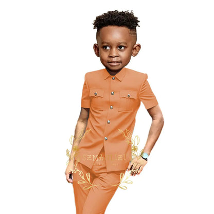 Boys Suit Black 2 Pieces Short Sleeve Party Tuxedo Formal Wedding Kids Clothes Indian Style Blazer Pants 2-16 Years Old