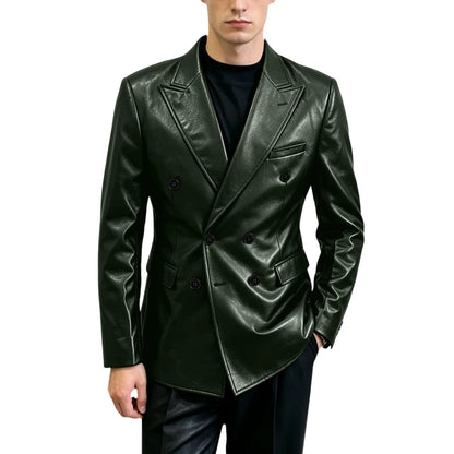 Vintage Men's Brown Leather Blazer Double Breasted Peak Lapel Slim Fit Suit Jacket High Quality Fashion Sport Coat Business Casu