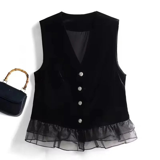 Gold Velvet Lace Splicing Sleeveless Tops 2026 Autumn Winter Elegant Women's Vest Coat Temperament Lady Waistcoat Jacket 5XL