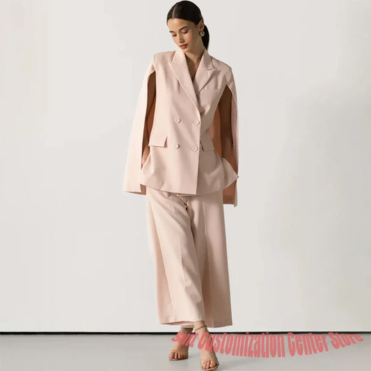Women's Light Pink Cape Sleeve Blazer & Wide Leg Pants Set Double Breasted Office Wear Elegant Two Piece Suit for Formal Events