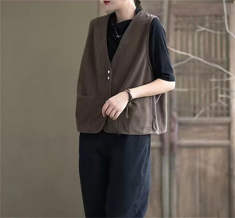 Korean Ladies Solid Color Casual Sleeveless Jacket Autumn Women V-neck Loose Waistcoat Coat Spring Female Fashion Vest Outwear