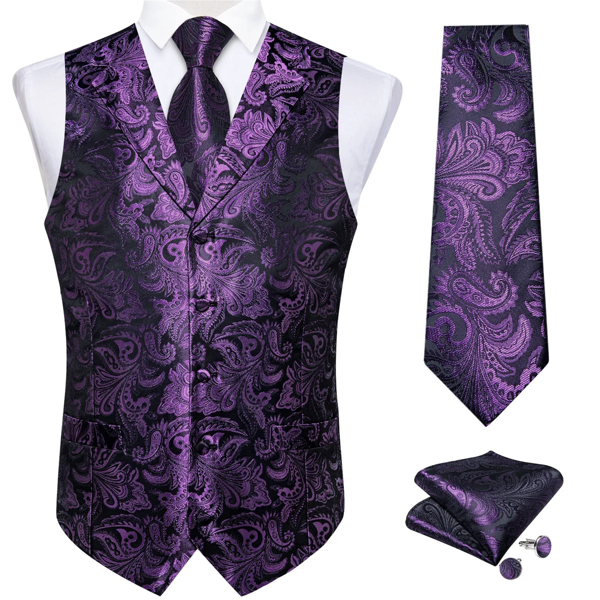 Men's Paisley Suit Vest – Single-Breasted Waistcoat with Tie, Handkerchief & Cufflinks for Weddings & Banquets