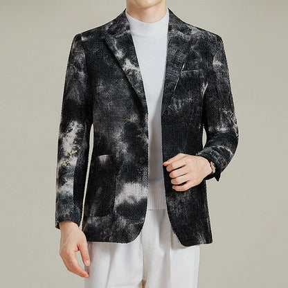 Autumn Korean Slim Fit Suit Jacket for Men Tie Dye Chenille Fashion Casual Suit Jacket Warm Business Social Formal Men Blazers