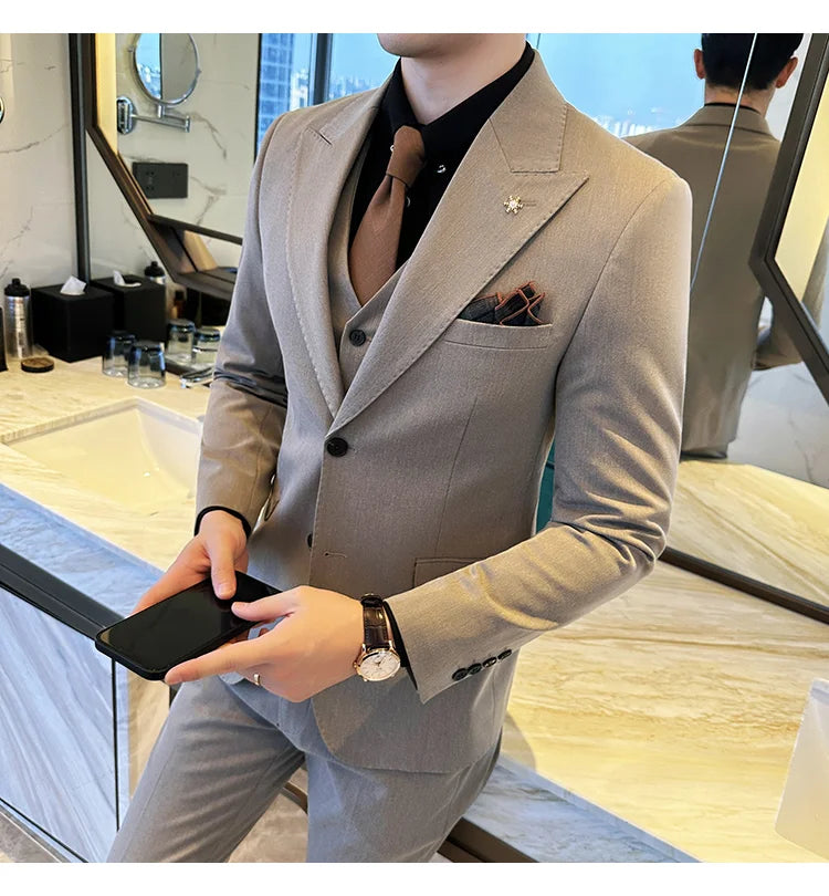 (Blazer + Vest + Trousers) 2024 New Men Formal Business Solid Suit 3 Pieces Set Italian Style Luxury Wedding Social Party Tuxedo