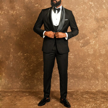 Men Suit Black 3 Pieces Single Button With Bright Lapel For Wedding Party Birthday Banquet Business Work Jacket Vest Pants
