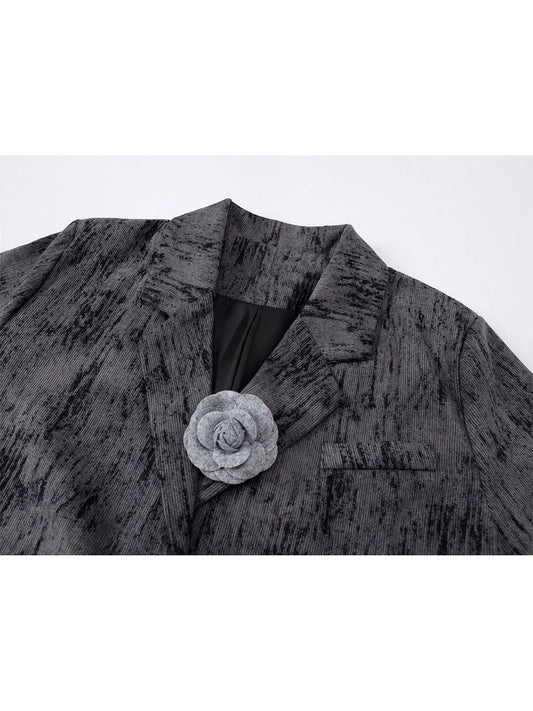 Women Grey Blazer Jacket Y2k Harajuku 2000s Vintage 3D Floral Suit Coat Office Ladies Long Sleeve Oversize Outerwear Autum 2025