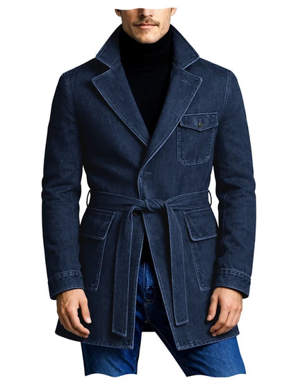 Men's Vintage Mid Length Belted Denim Trench Coat Notched Lapel Casual Workwear Outerwear Stylish Daily Streetwear Jacket
