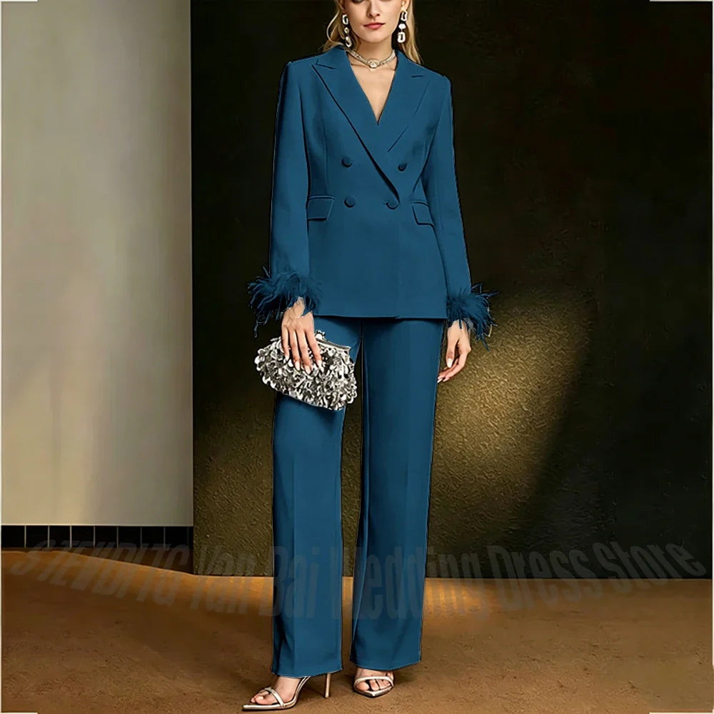 Luxury White Feather Women's Suit Elegant Classic Double Breasted Jacket Pants Formal Evening Party Wedding Guest Outfit